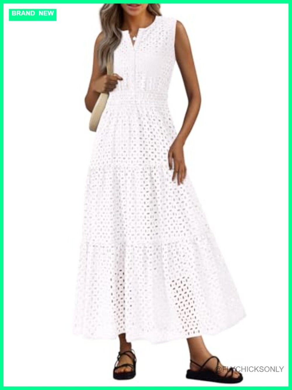 PRETTYGARDEN Cotton Eyelet Maxi Dress Sleeveless Sundress V Neck A Line